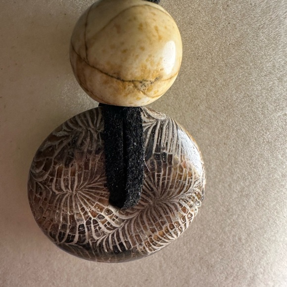 Coral Fossil Donut Pendant Necklace on Black Faux Leather Double Rope - Picture 8 of 14